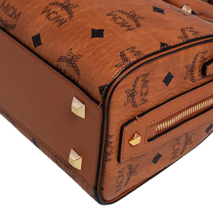Pre Owned MCM Cognac Visetos Coated Canvas Small Essential Boston Bag