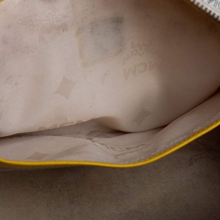 Pre Owned MCM White/Yellow Visetos Leather Small Heritage Boston Bag