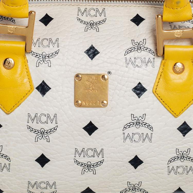Pre Owned MCM White/Yellow Visetos Leather Small Heritage Boston Bag