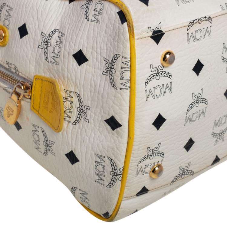 Pre Owned MCM White/Yellow Visetos Leather Small Heritage Boston Bag