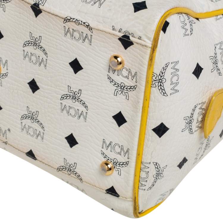 Pre Owned MCM White/Yellow Visetos Leather Small Heritage Boston Bag
