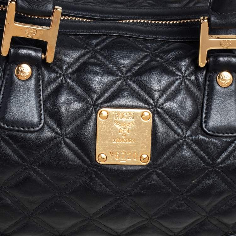 Pre Owned MCM Black Quilted Leather Embellished Boston Bag