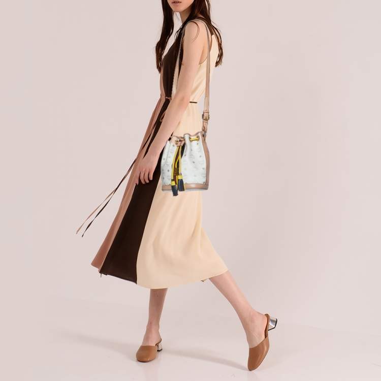Pre Owned MCM White/Tan Visetos Coated Canvas Heritage Drawstring Bucket Bag