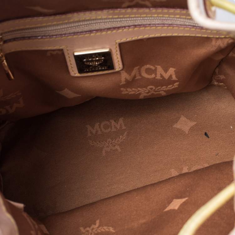 Pre Owned MCM White/Tan Visetos Coated Canvas Heritage Drawstring Bucket Bag