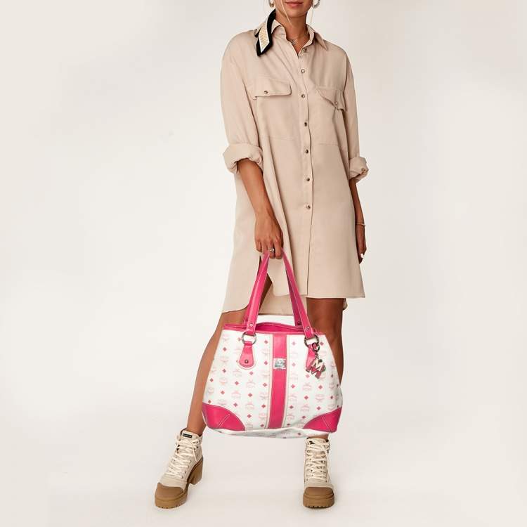 مملوكة مسبقًا MCM Pink/White Visetos Coated Canvas and Leather Charm Tote