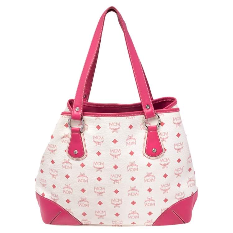 مملوكة مسبقًا MCM Pink/White Visetos Coated Canvas and Leather Charm Tote