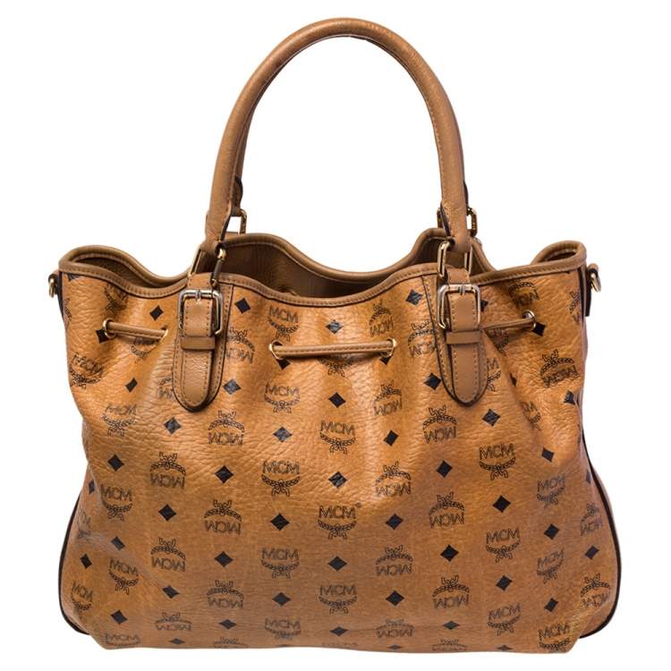 Pre Owned MCM Cognac Visetos Coated Canvas and Leather Drawstring Shoulder Bag