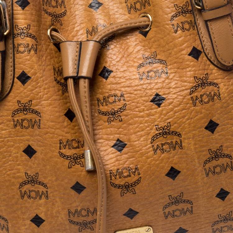 Pre Owned MCM Cognac Visetos Coated Canvas and Leather Drawstring Shoulder Bag