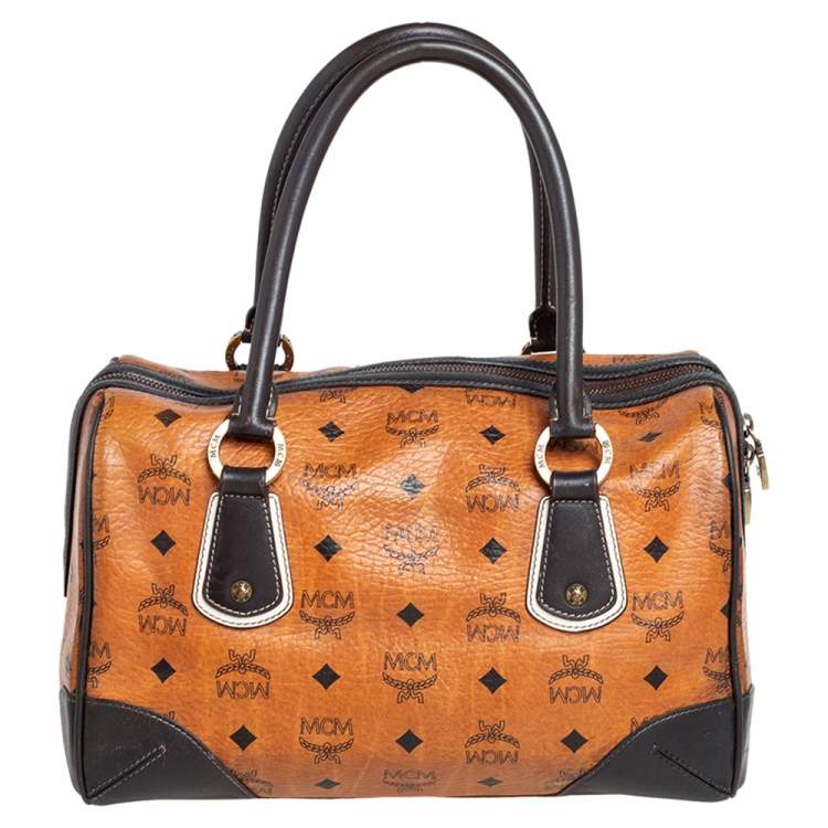Pre Owned MCM Cognac Visetos Coated Canvas Heritage Boston Bag