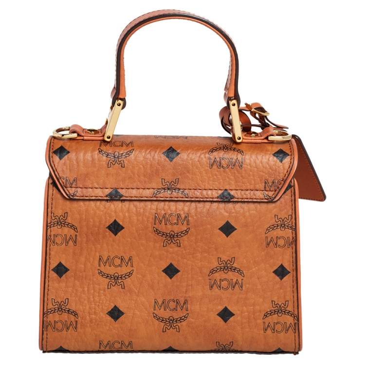 Pre Owned MCM Brown Visetos Coated Canvas and Leather Embellished Mini Heritage Top Handle Bag