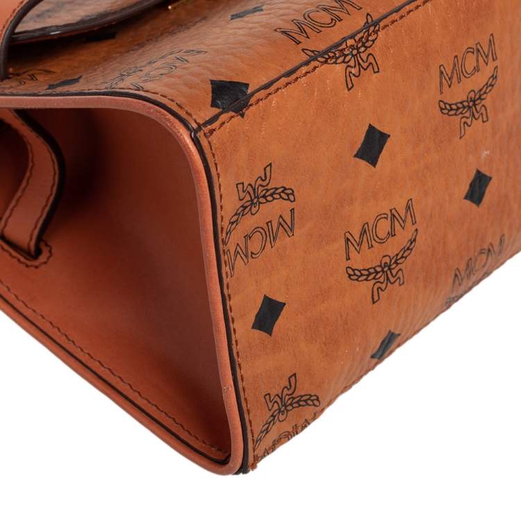 Pre Owned MCM Brown Visetos Coated Canvas and Leather Embellished Mini Heritage Top Handle Bag
