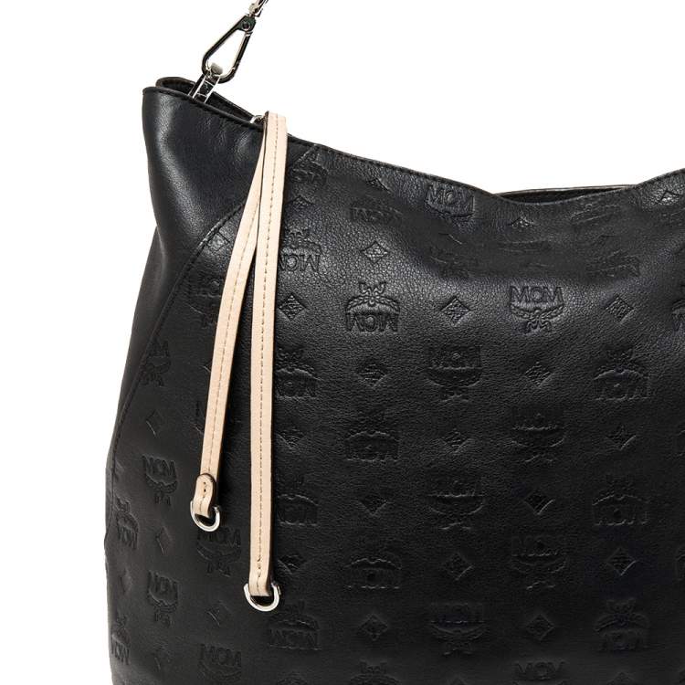 Pre Owned MCM Black Visetos Embossed Leather Zip Hobo 