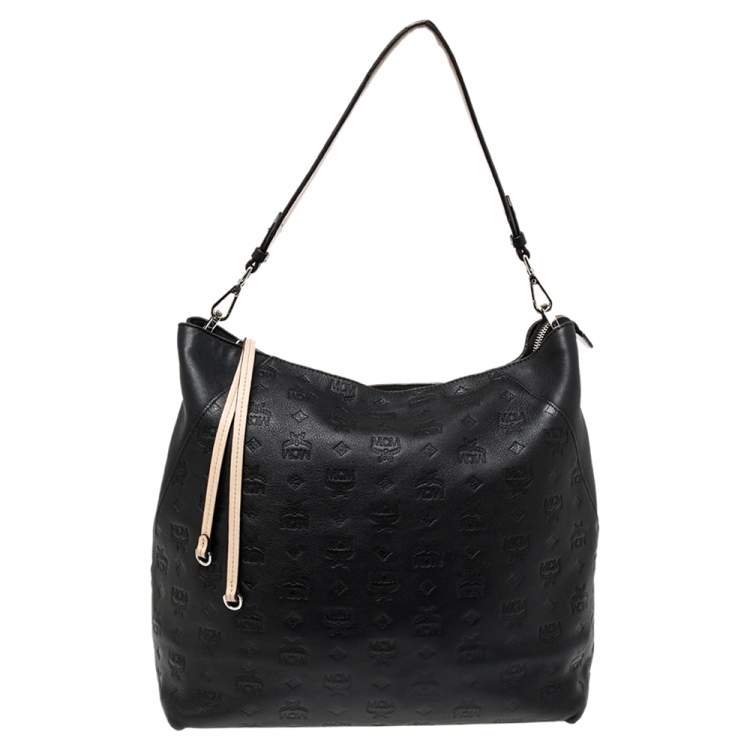 Pre Owned MCM Black Visetos Embossed Leather Zip Hobo 