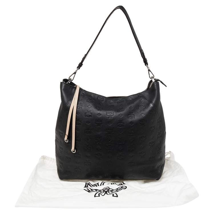 Pre Owned MCM Black Visetos Embossed Leather Zip Hobo 