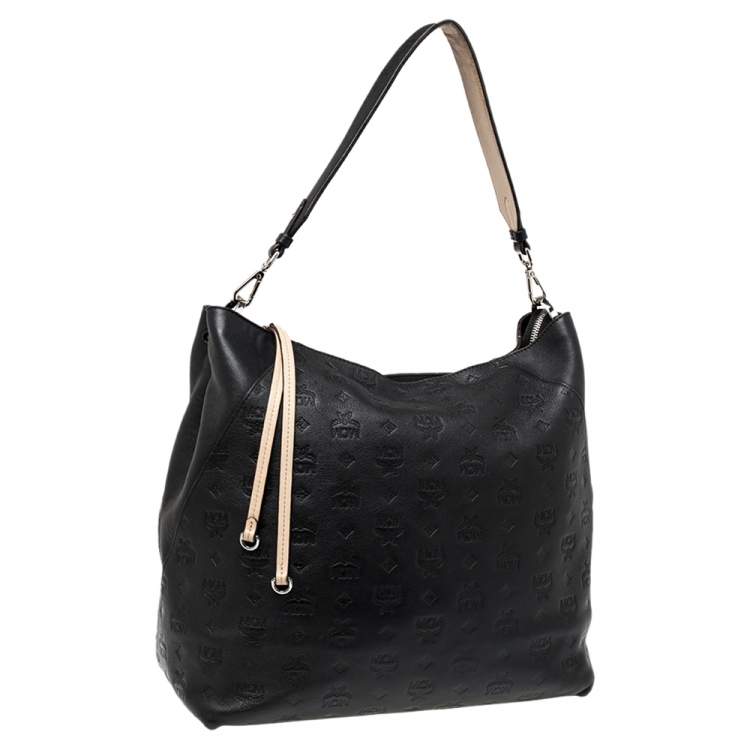 Pre Owned MCM Black Visetos Embossed Leather Zip Hobo 