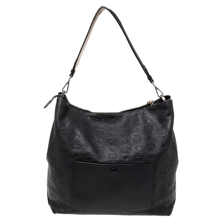 Pre Owned MCM Black Visetos Embossed Leather Zip Hobo 