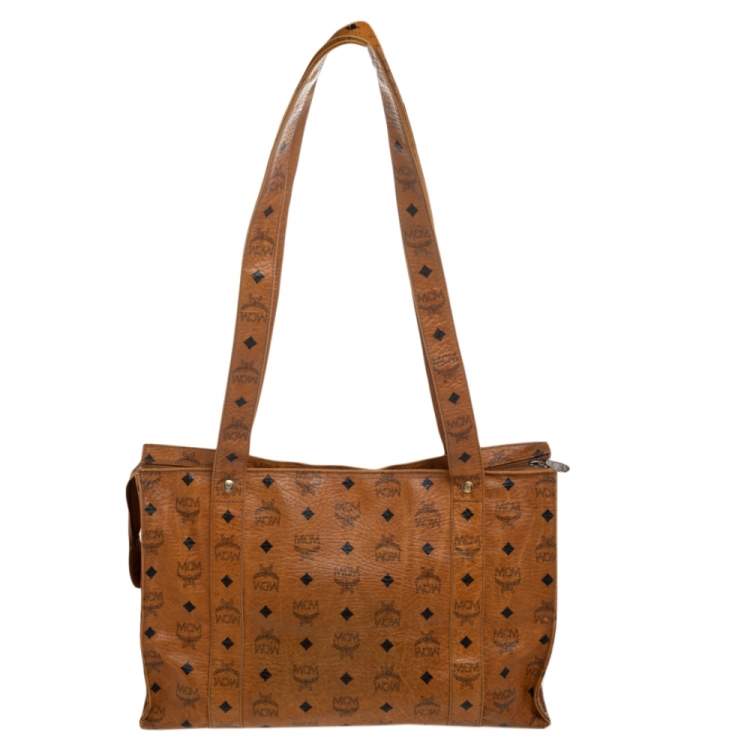 Pre Owned MCM Cognac Visetos Coated Canvas Heritage Top Zip Tote
