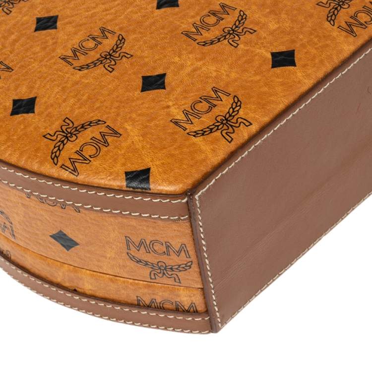 Pre Owned MCM Cognac Visetos Coated Canvas and Leather Berlin Round Bag