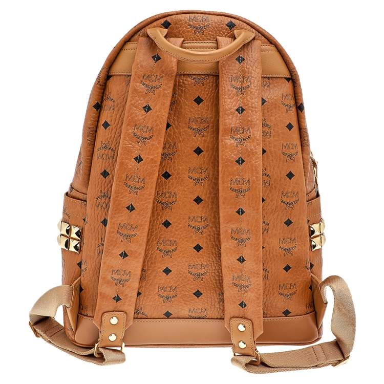 Pre Owned MCM Tan Coated Canvas And Leather Studded Stark Backpack
