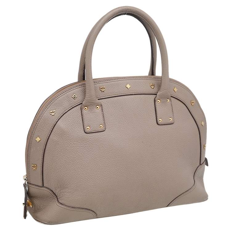 Pre Owned MCM Beige Leather Studded Alma Top Handle Dome Bag