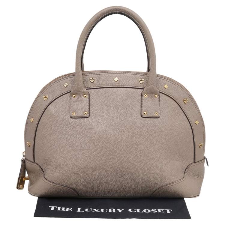 Pre Owned MCM Beige Leather Studded Alma Top Handle Dome Bag