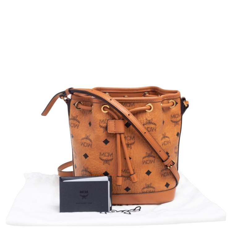 Pre Owned MCM Cognac Visetos Coated Canvas Heritage Drawstring Bucket Bag