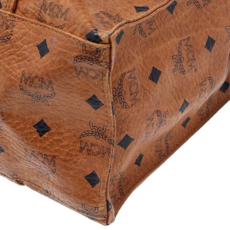 Pre Owned MCM Cognac Coated Canvas Visetos Heritage Top Zip Shopper Tote