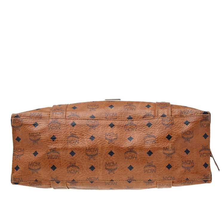Pre Owned MCM Cognac Coated Canvas Visetos Heritage Top Zip Shopper Tote