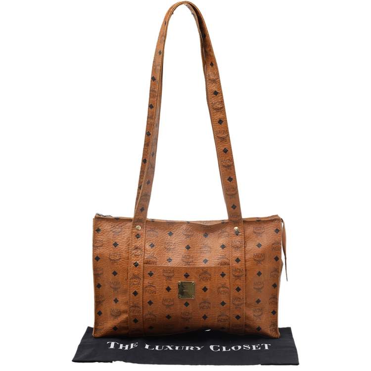 Pre Owned MCM Cognac Coated Canvas Visetos Heritage Top Zip Shopper Tote