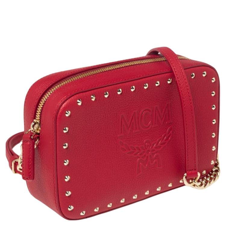 Pre Owned MCM Red Leather Chanswell Studded Camera Bag