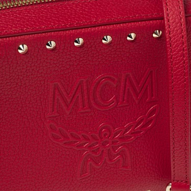Pre Owned MCM Red Leather Chanswell Studded Camera Bag