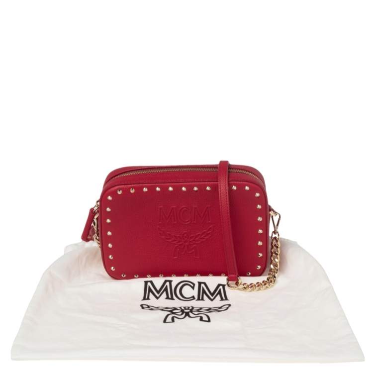 Pre Owned MCM Red Leather Chanswell Studded Camera Bag
