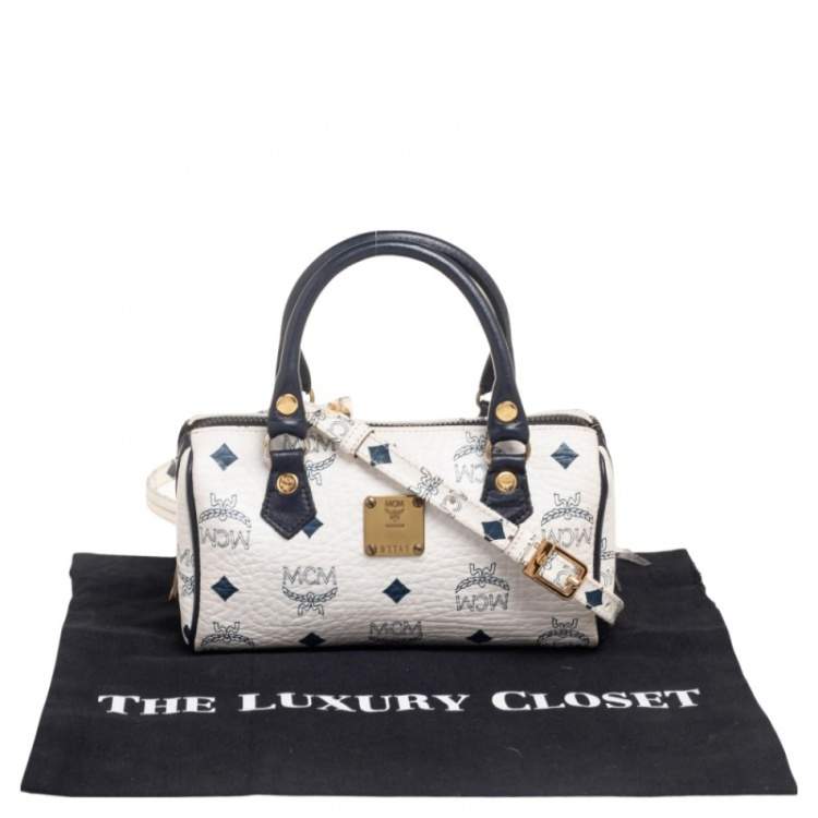 Pre Owned MCM White/Blue Visetos Leather Mini Heritage Crossbody Bag