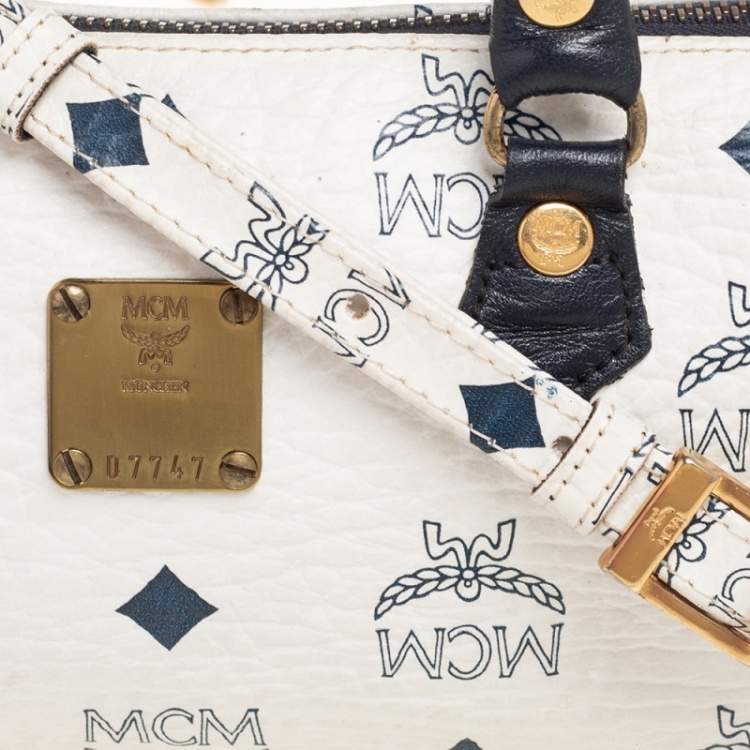 Pre Owned MCM White/Blue Visetos Leather Mini Heritage Crossbody Bag