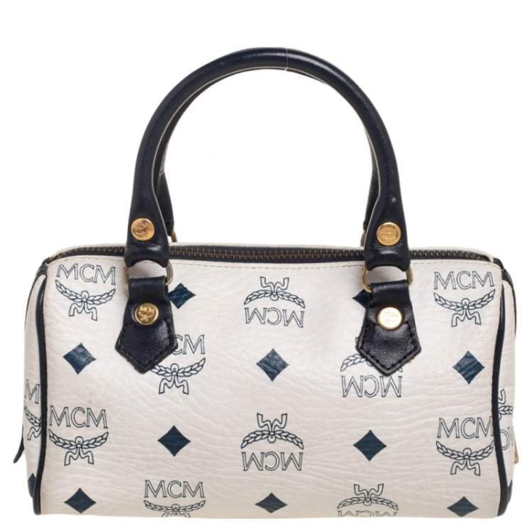 Pre Owned MCM White/Blue Visetos Leather Mini Heritage Crossbody Bag