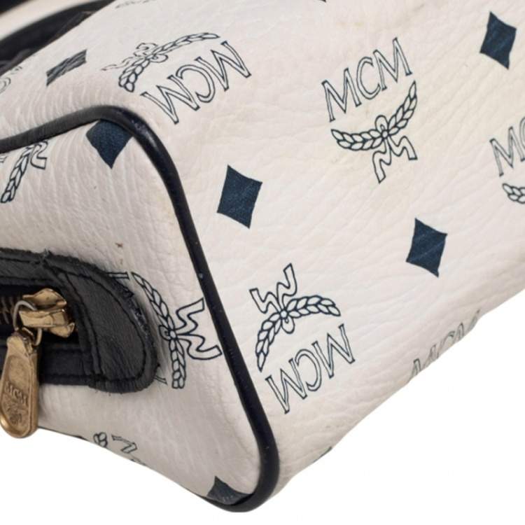 Pre Owned MCM White/Blue Visetos Leather Mini Heritage Crossbody Bag