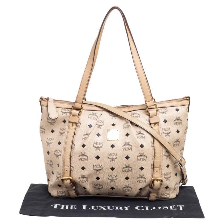 مملوكة مسبقًا MCM Cream/Beige Visetos Coated Canvas and Leather Shopper Tote
