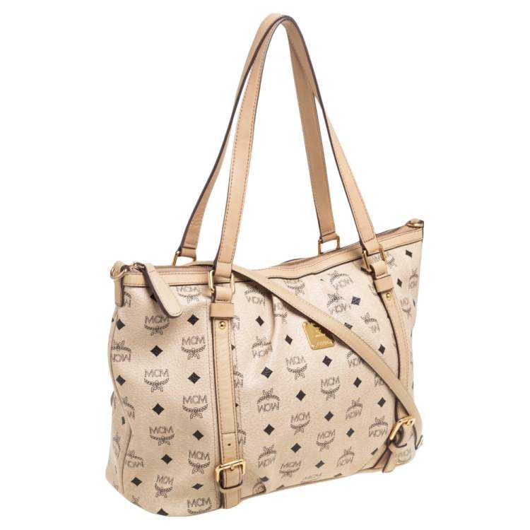 مملوكة مسبقًا MCM Cream/Beige Visetos Coated Canvas and Leather Shopper Tote