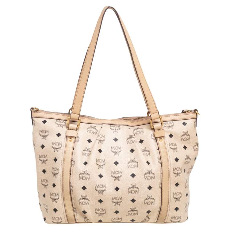 مملوكة مسبقًا MCM Cream/Beige Visetos Coated Canvas and Leather Shopper Tote