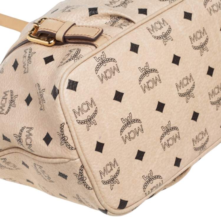 مملوكة مسبقًا MCM Cream/Beige Visetos Coated Canvas and Leather Shopper Tote