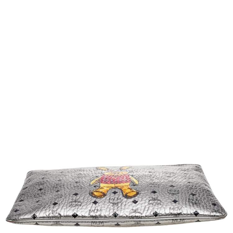 Pre Owned MCM Metallic Silver Rabbit Print Coated Canvas Flat Pouch