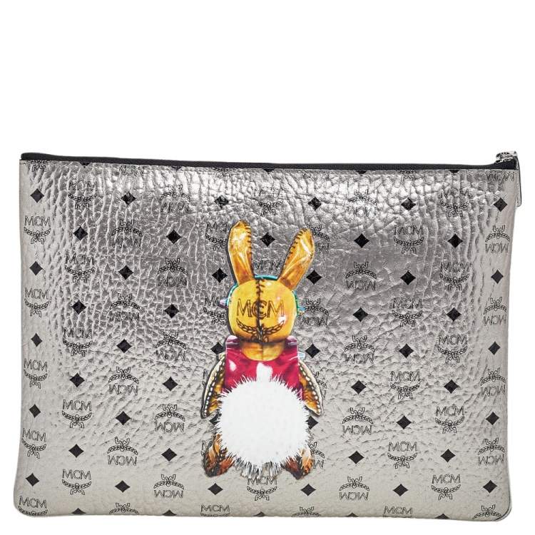 Pre Owned MCM Metallic Silver Rabbit Print Coated Canvas Flat Pouch