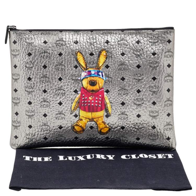 Pre Owned MCM Metallic Silver Rabbit Print Coated Canvas Flat Pouch
