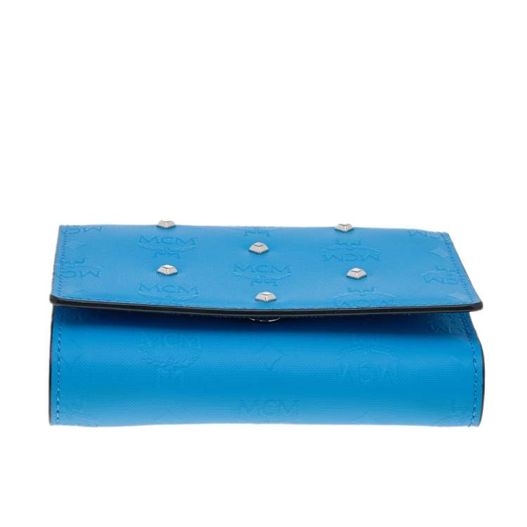 Pre Owned MCM Blue Coated Canvas Studded Claudia Trifold Wallet