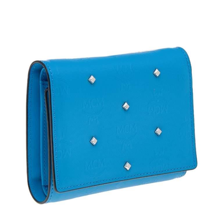 Pre Owned MCM Blue Coated Canvas Studded Claudia Trifold Wallet