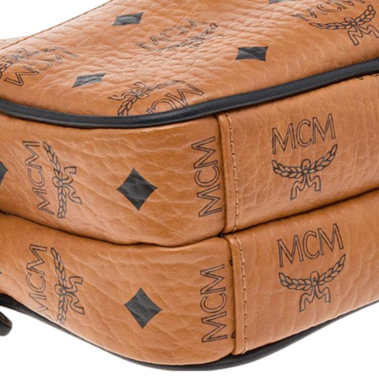 Pre Owned MCM Tan Visetos Coated Canvas And Leather Double Zip Camera Crossbody Bag