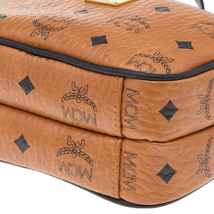 Pre Owned MCM Tan Visetos Coated Canvas And Leather Double Zip Camera Crossbody Bag