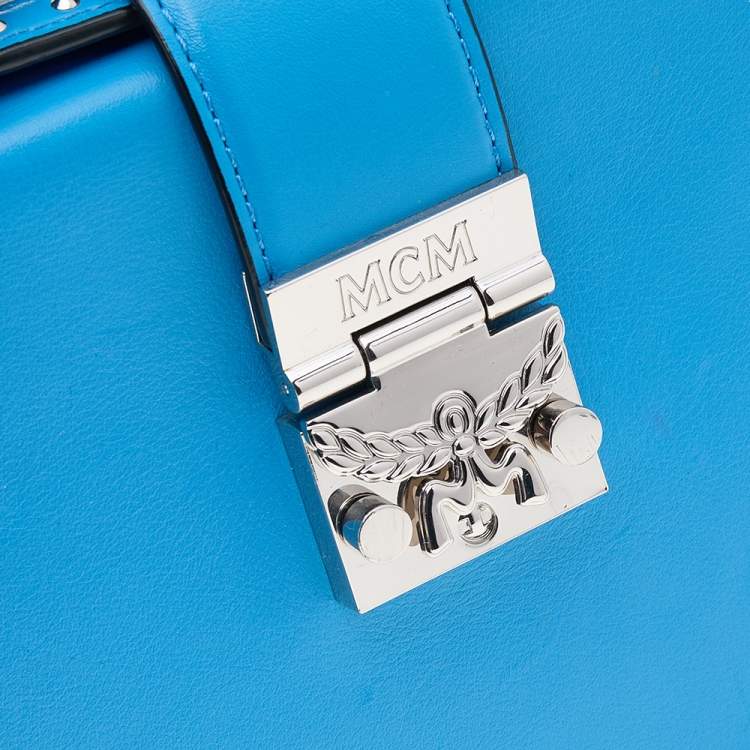Pre Owned MCM Blue Leather Studded Box Shoulder Bag