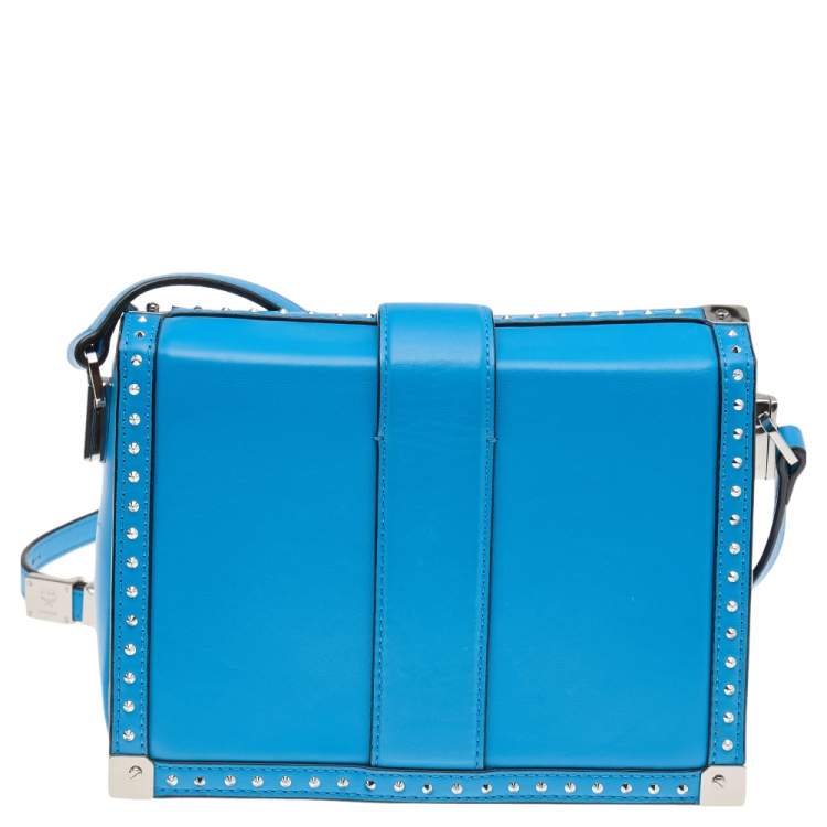 Pre Owned MCM Blue Leather Studded Box Shoulder Bag