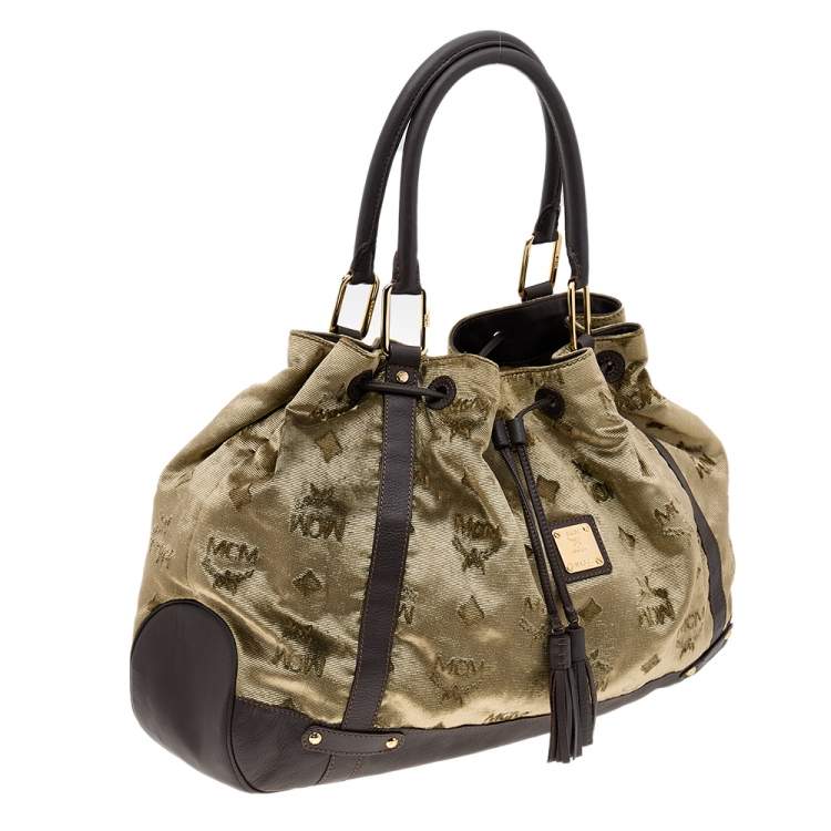 Pre Owned MCM Brown Visetos Velvet And Leather Drawstring Shoulder Bag